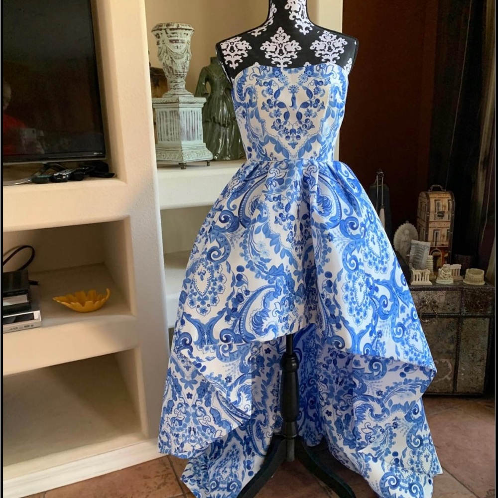 Sherri Hill designer hi/low gown. Size 0. like New. Gorgeous fabric & color